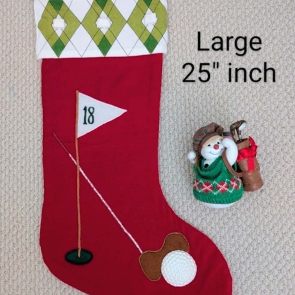 Oversized Golf Scottish Argyle Vtg Christmas Stocking, Clothique Snowman Golfer